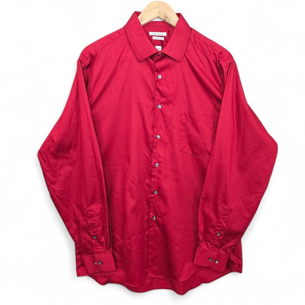 Van Heusen Dress Shirt Mens 16-16.5 34/35 Red Button Lux Sateen Regular‎ Fit